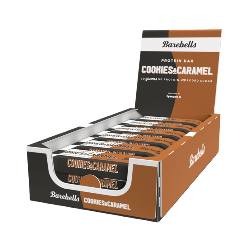 Protein Bar laatikko, 12 kpl x 55 g-Proteiinipatukka-Barebells-Cookies & Caramel-Aminopörssi