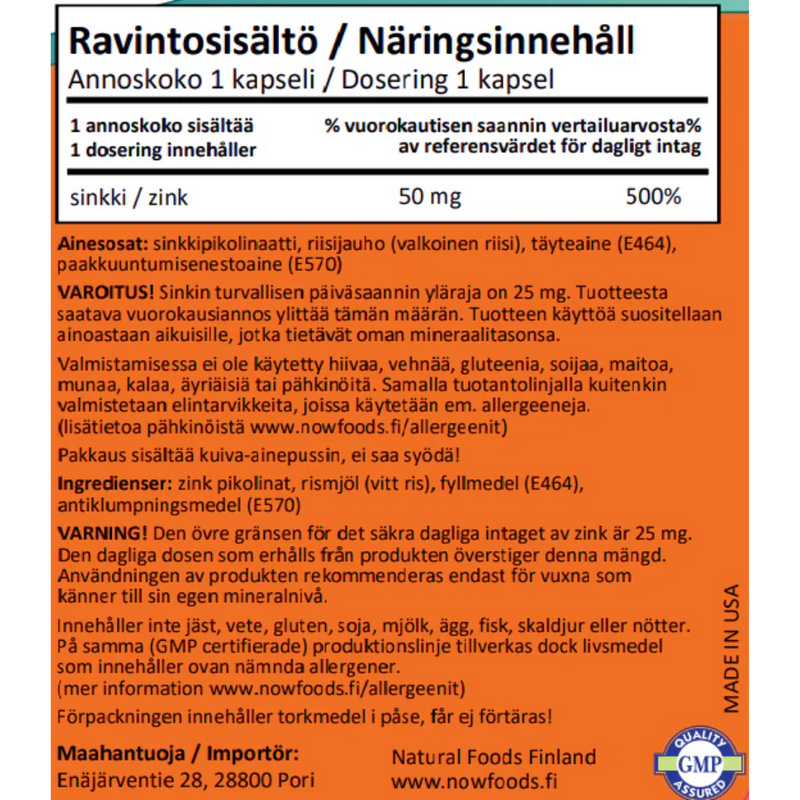 Zinc Picolinate 50 mg 120 kaps.-Sinkki-NOW® Foods-Aminopörssi