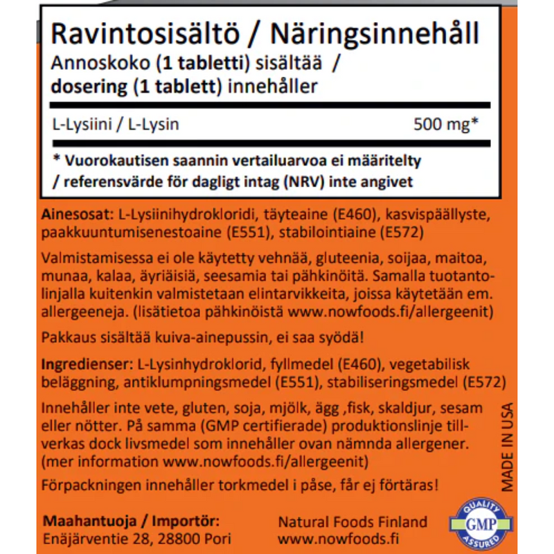 L-Lysine 500 mg, 100 tabl.-L-Lysiini-NOW® Foods-Aminopörssi