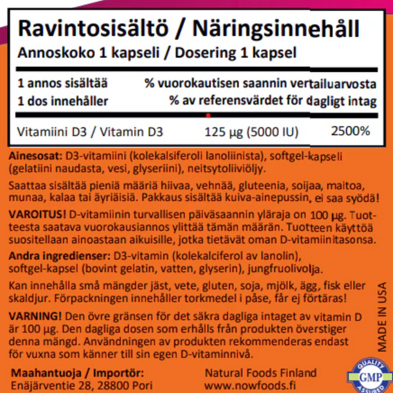 Vit D3 5000 IU, 240 kaps.-D-vitamiini-NOW® Foods-Aminopörssi