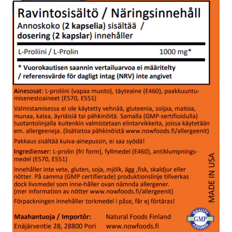 L-Proline 500 mg, 120 kaps.-L-Proliini-NOW® Foods-Aminopörssi