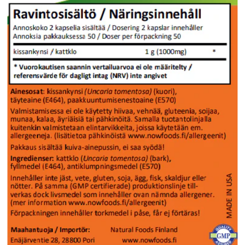 Cat's Claw 500 mg, 100 kaps.-Yrttivalmiste-NOW® Foods-Aminopörssi