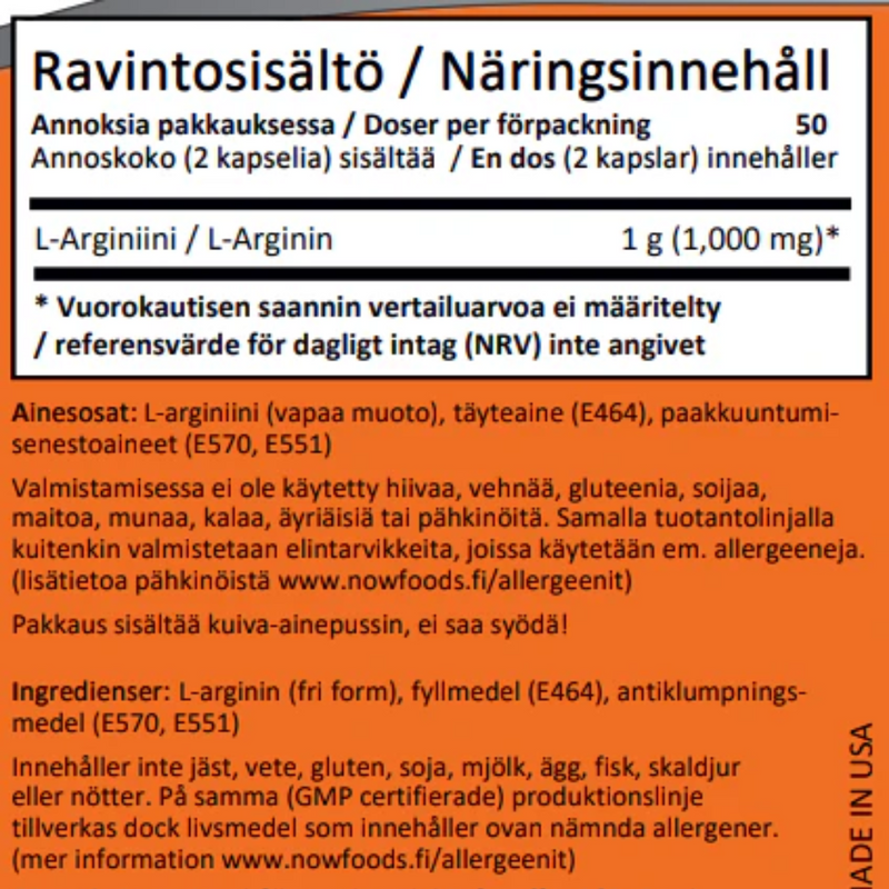 L-Arginine 500mg, 100 kaps.-L-Arginiini-NOW® Foods-Aminopörssi