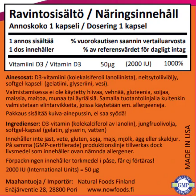 Vitamin D-3 2000 IU (50 µg), 240 kaps.-D-vitamiini-NOW® Foods-Aminopörssi