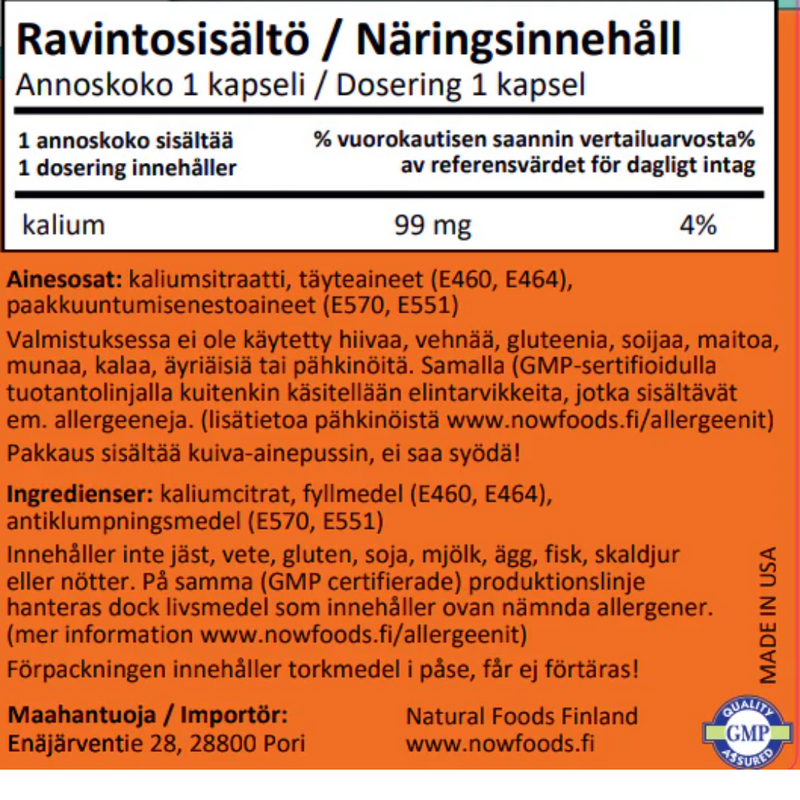 Potassium Citrate kalium 99 mg, 180 kaps.-Kalium-NOW® Foods-Aminopörssi