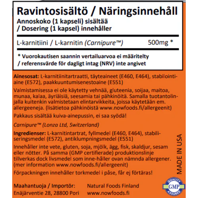 L-Carnitine 500mg, 60 kaps.-L-Karnitiini-NOW® Foods-Aminopörssi