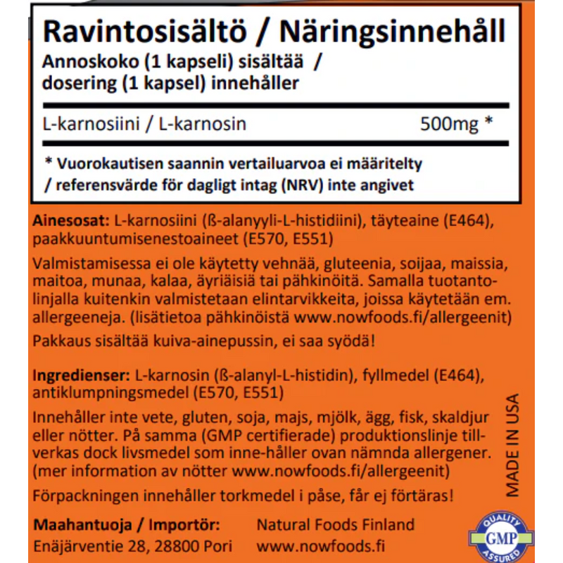 L-Carnosine 500 mg, 50 kaps.-Karnosiini-NOW® Foods-Aminopörssi