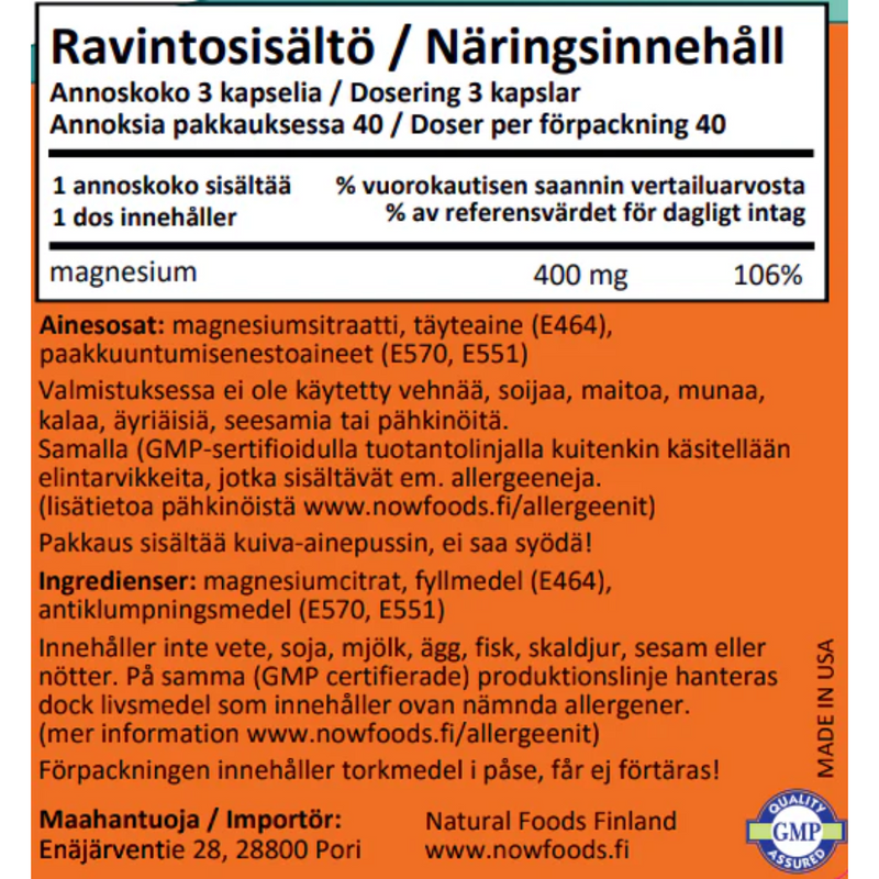 Magnesium Citrate, 120 kaps.-Magnesium-NOW® Foods-Aminopörssi