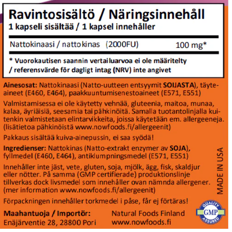 Nattokinase 100mg, 60 kaps.-Nattokinaasi-NOW® Foods-Aminopörssi