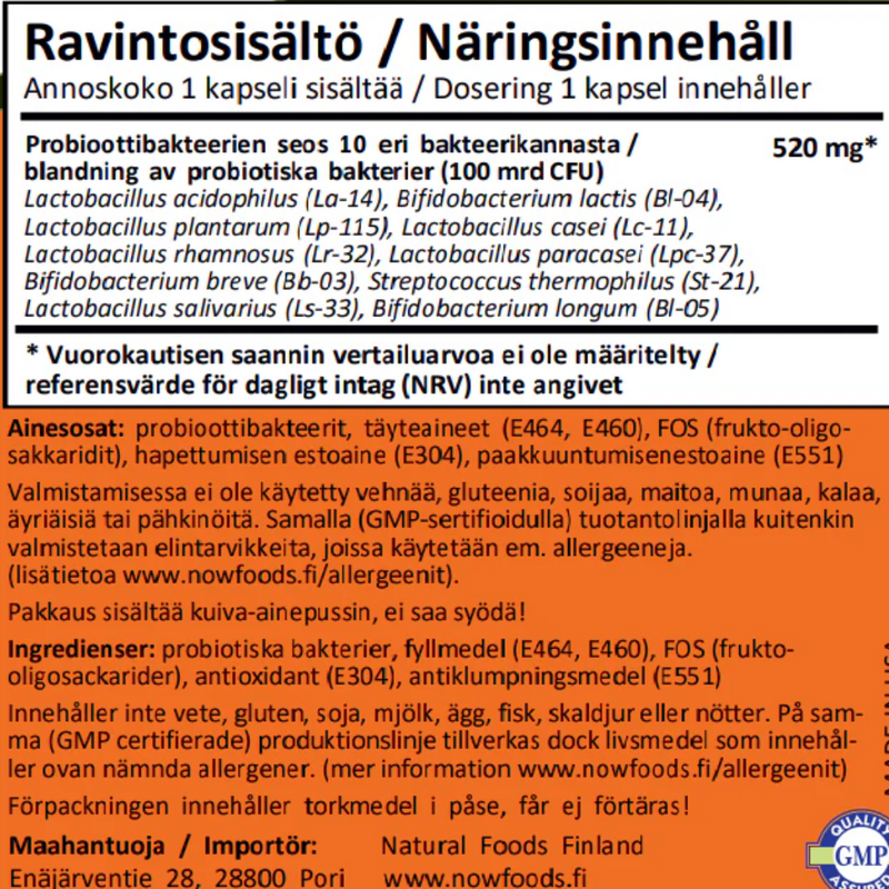 Probiotic-10 100 Billion, 30 kaps.-Maitohappobakteeri-NOW® Foods-Aminopörssi