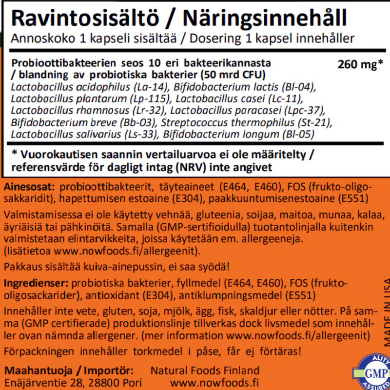 Probiotic-10 50 billion, 50 kaps.-Maitohappobakteeri-NOW® Foods-Aminopörssi