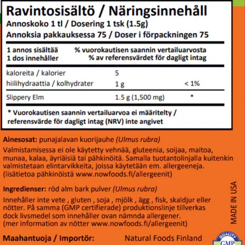 Slippery Elm jauhe, 113 g-Vihertuote-NOW® Foods-Aminopörssi