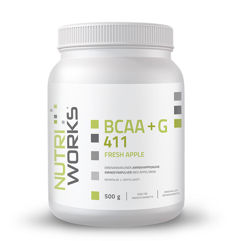 BCAA 411+G, 500 g-BCAA-Nutri Works-Fresh Apple-Aminopörssi