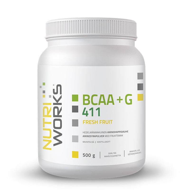 BCAA 411+G, 500 g-BCAA-Nutri Works-Fresh Fruit-Aminopörssi