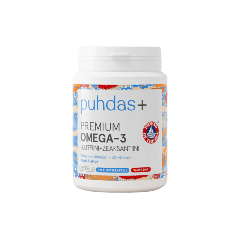 Premium Omega-3 +Luteiini ja Zeaksantiini, 60 kaps.-Kalaöljy-Puhdas+-Aminopörssi